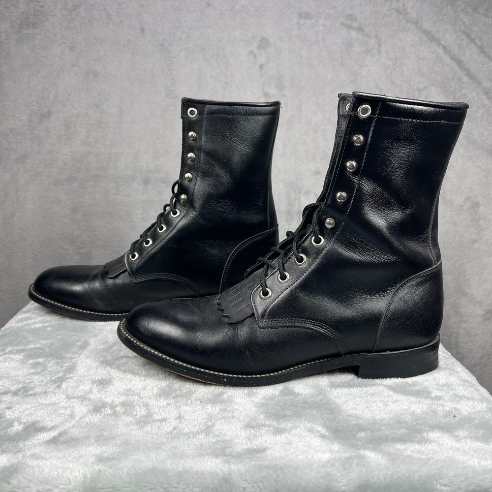 Vintage Justin 506 Mens 7.5 D Black Leather Kiltie Lace Up Roper Boots Mexico